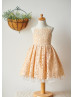 Illusion Neck Peach Lace Tulle Knee Length Flower Girl Dress
